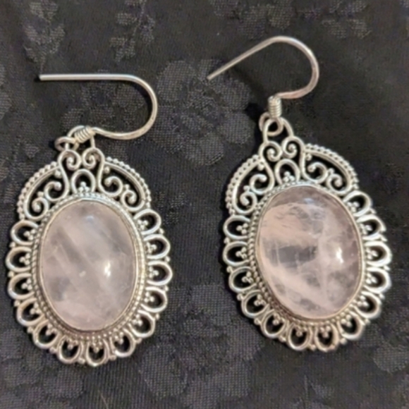 925 Sterling Silver Jewelry - Antique Style Earrings 925 Sterling Silver Pink Rose Quartz Filigree Earrings